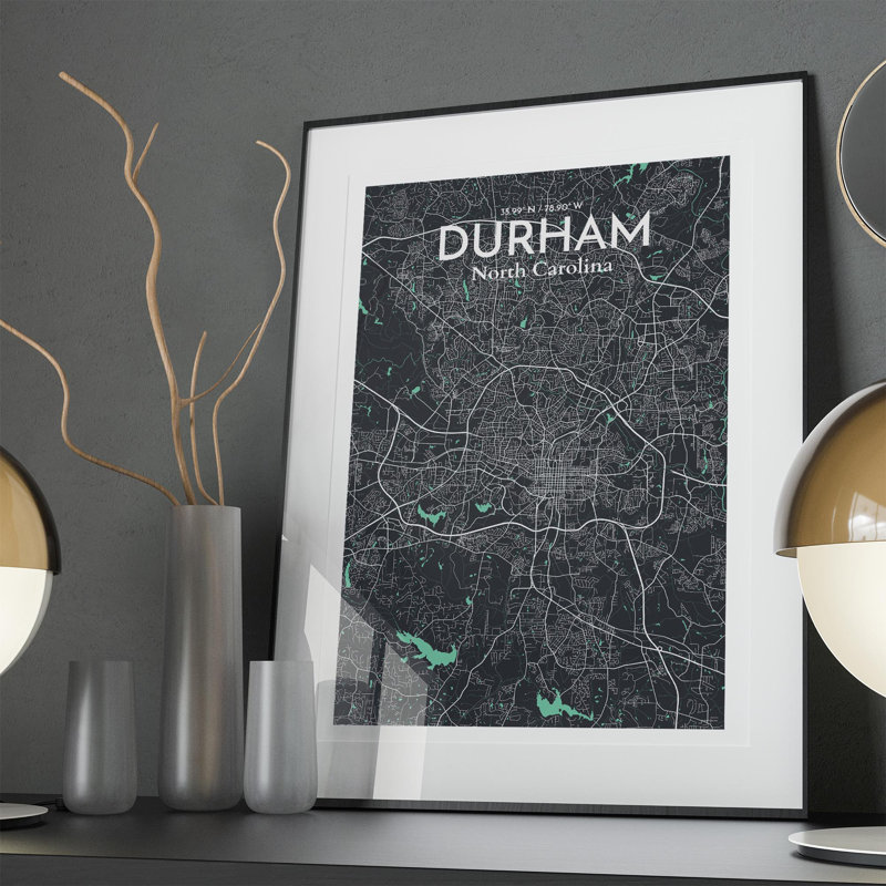 Durham City Map, impression, H 36 po x l 24 po, Vert/gris