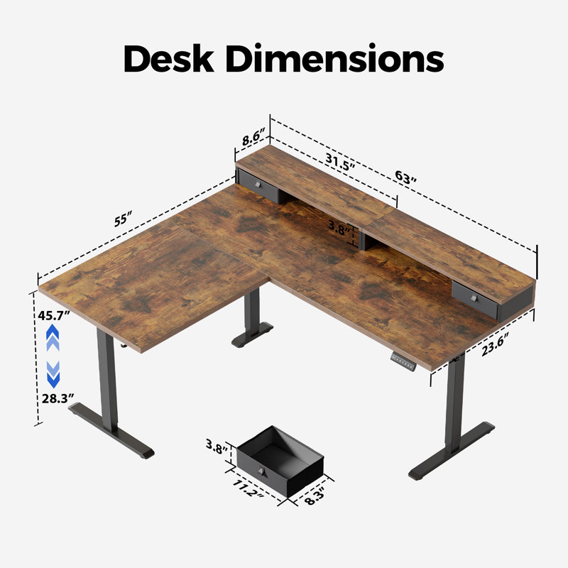 63 Inch L-Shaped Electric Height Adjustable Standing Desk with Drawers & Monitor Shelf, Ergonomic Corner Home Office Desk, with Hooks & Cable Management, Rustic Brown