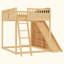 Lit mezzanine avec tête de lit rembourrée et tablettes de rangement, complet avec échelle et glissade-129387395-129387393