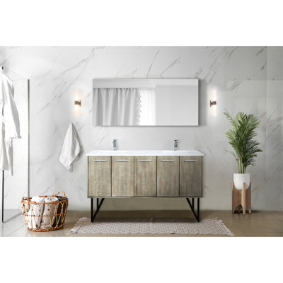Meuble-lavabo double rustique 60 po x 20 po avec marbre de culture, robinet et miroir de 55 po