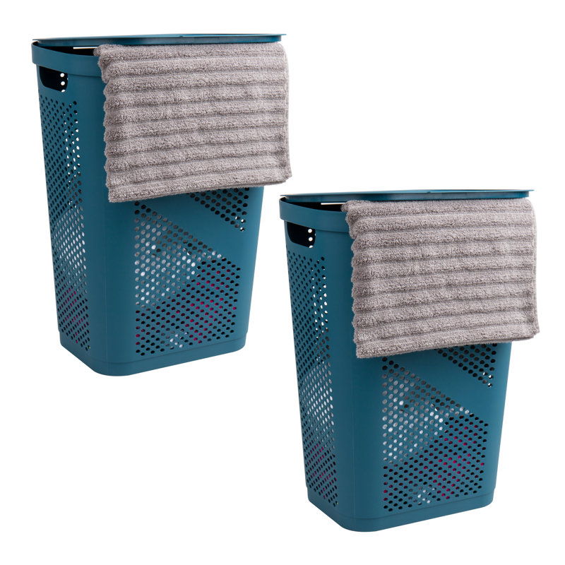 60L Slim Laundry Hamper, Clothes Basket, Lid, Ventilated, Plastic, 17.25"L x 13.75"W x 23.5"H, 2-Pack, Blue