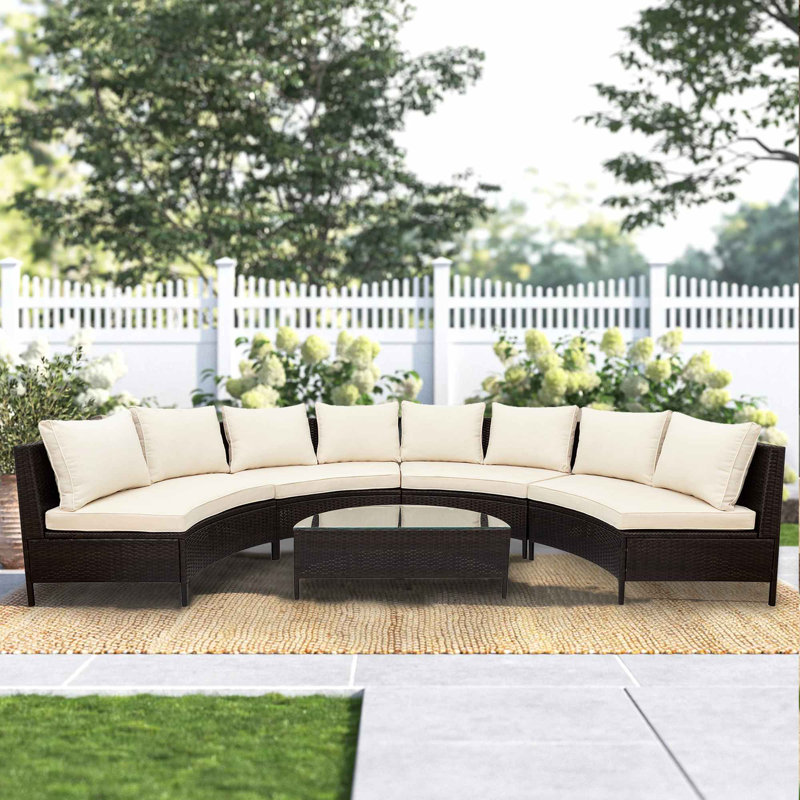 8 - Person All-Weather Wicker Outdoor Conversation Set Curved Patio Seating Group with Cushions and Coffee Table, Beige