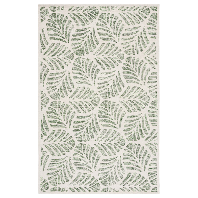 Rachell Avalyn Floral Handmade Tufted Wool Area Rug in Ivory / Green, Rectangle 5' x 8'