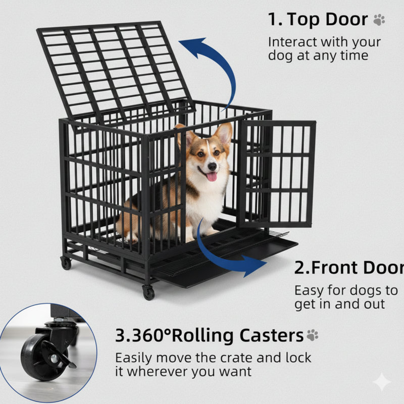 Cages robustes 38 pouces pour grand chien, cage indestructible et résistante à l'évasion avec roues verrouillables