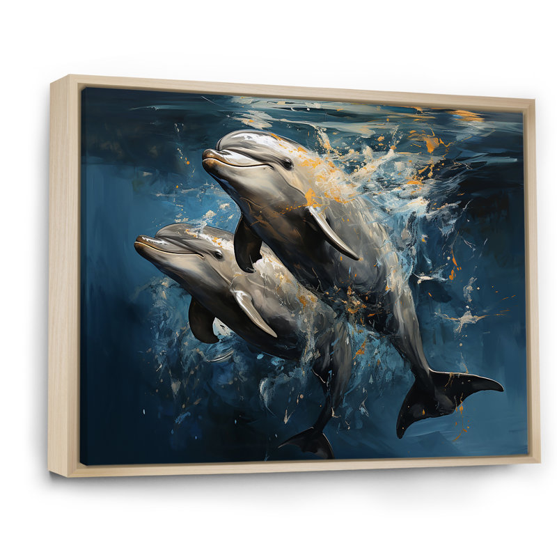 Blue Dancing Dolphines I - animaux, art des dauphins, H 34 po x l 44 po x P 1,5 po, Cadre flottant brun