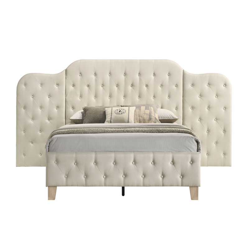 Grand lit plateforme avec grande tête de lit Veritte, lin beige