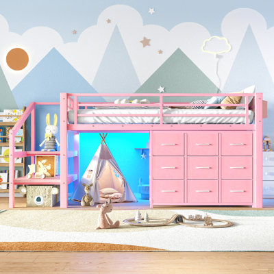 Twin Low Loft Bed with Multi-Storage Spaces, Including Fabric Drawers, Fabric Shelves Beside the Bed, Storage Stairs, Metal Loft Bed with Lights and Ample Under-bed Spaces, Pink