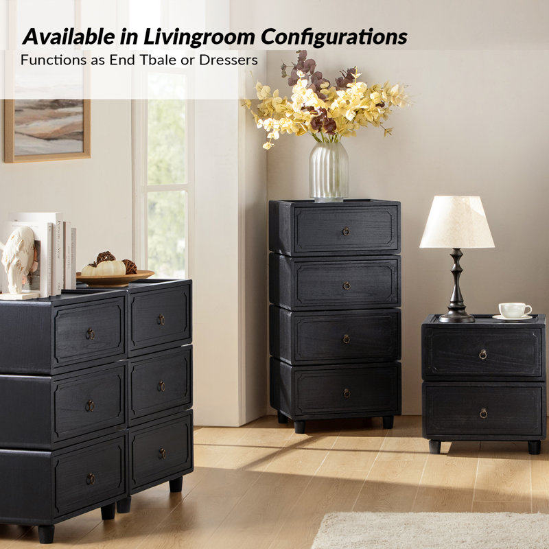 Aivery 2 - Drawer Solid Wood Modular Storage Drawers End Table, Black