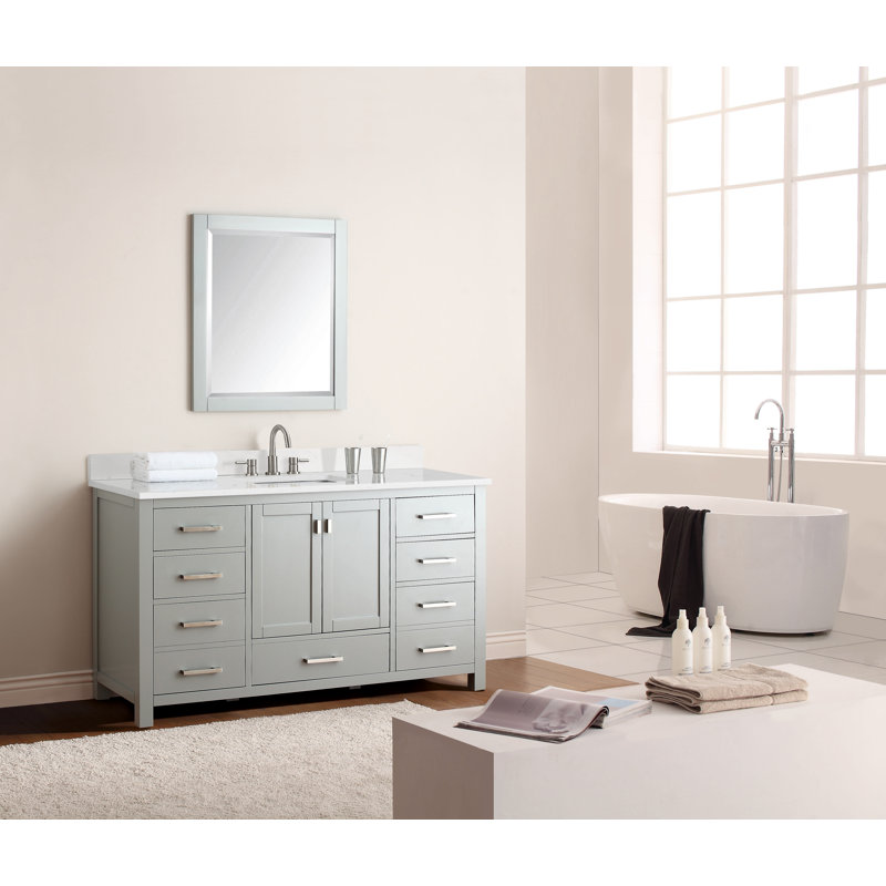 Meuble-lavabo simple 60 po avec plateau Souther, Gris givré, Nickel brossé, Pierre artificielle blanche Cala