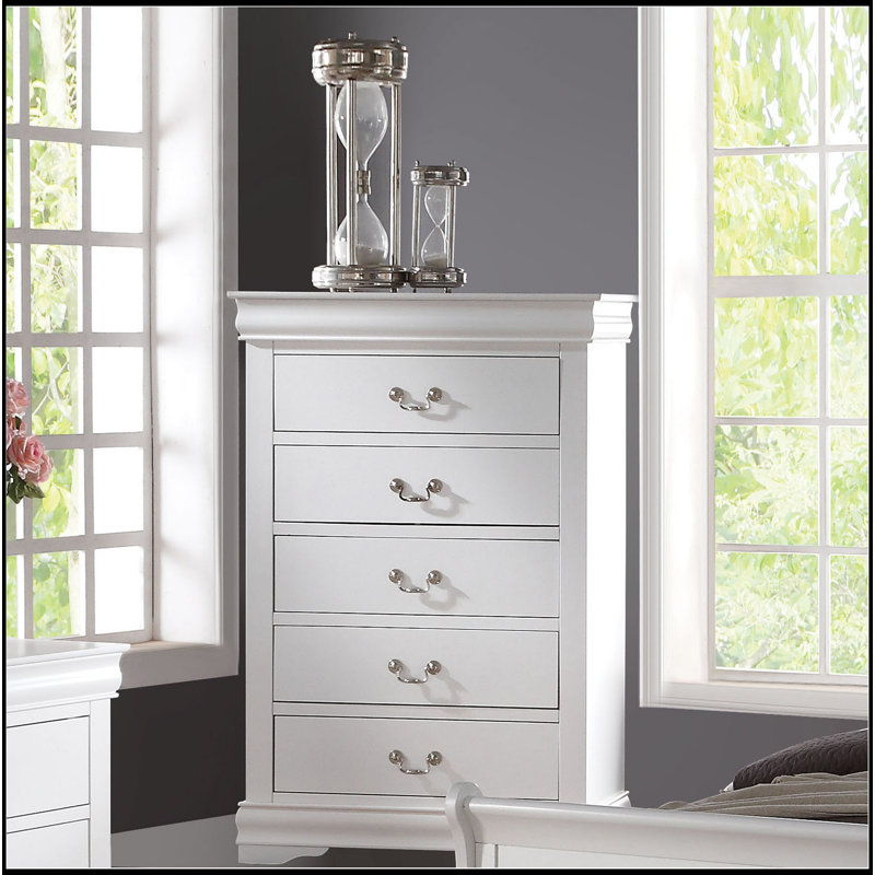 Commode 5 tiroirs avec poignées en métal, Blanc