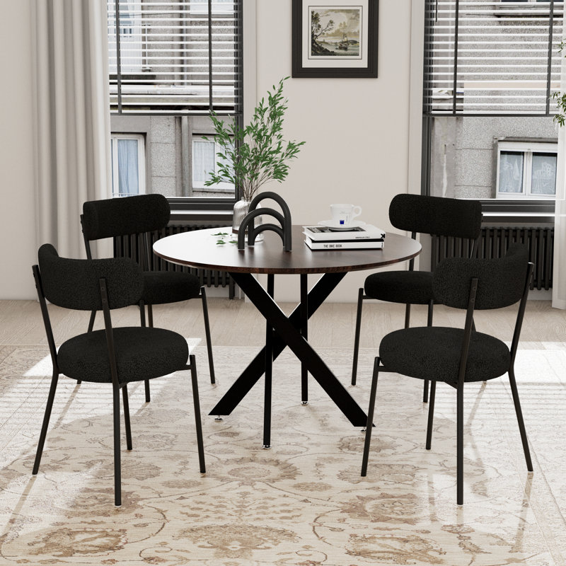 Ensemble de salle à manger à piédestal rond avec chaise Teddy, 6, Noyer, Noir / Noir