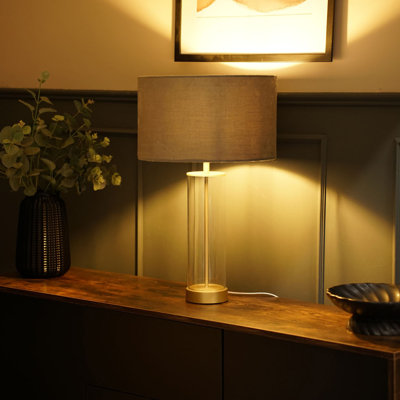 Simonetta Matt Gold and Clear Tube Table Lamp with Blush Velvet Reni Shade and 6W GLS Warm White Bulb