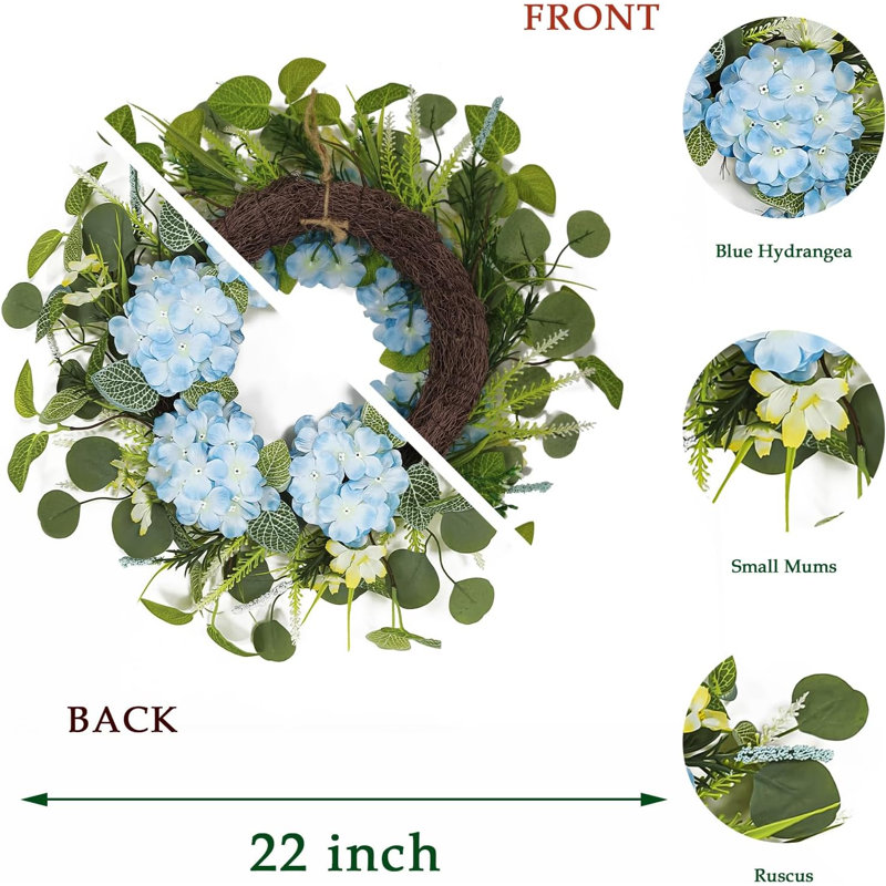 22" Blue Hydrangea Spring Summer Flower Wreath