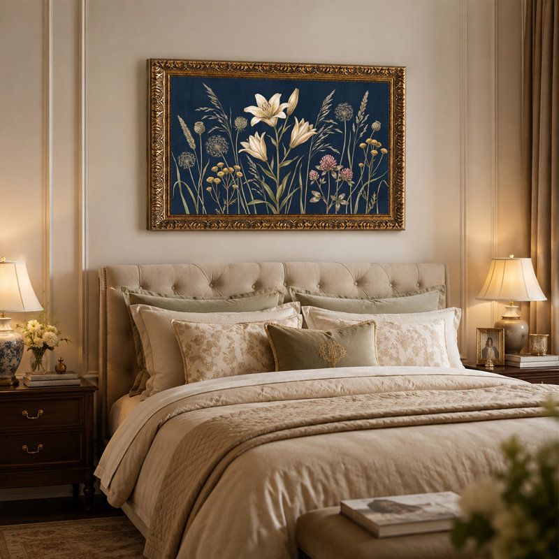 Art botanique sur toile bleu marine, H 20 po x l 30 po