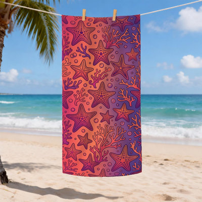 Starfish Coral Microfiber Beach Towel Peach Ocean Design, Quick Dry Soft Lightweight Sand Free Travel Blanket, Ideal for Vacation Pool Gym Outdoor Activities 32x63 Inch