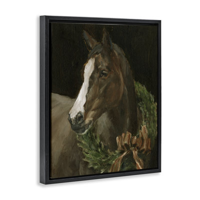 «Horse with Festive Wreath», art mural encadré sur toile flottante, par Ethan Harper