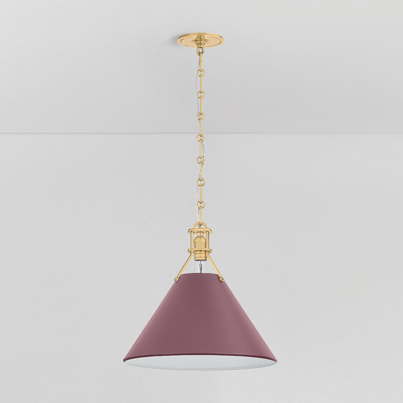 Painted No. 2 Pendant in Aged Brass and Blue Bird by Mark D. Sikes, Soft Crimson, Brass, 14.75" H x 16" W x 16" D