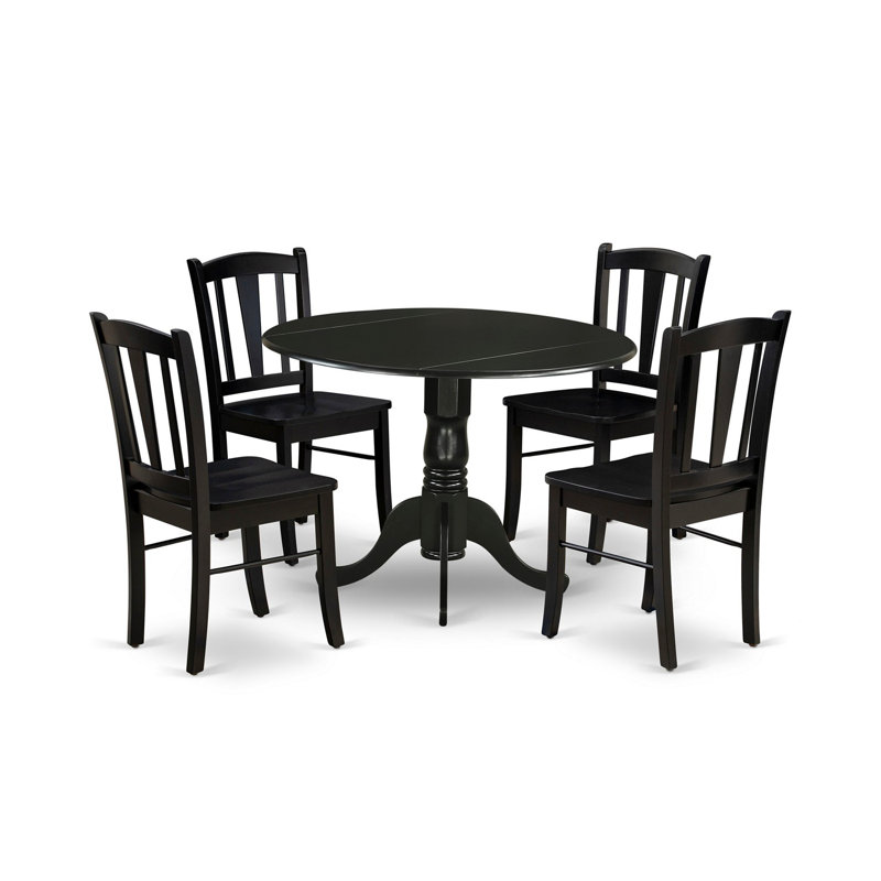 5 Piece Kitchen Table Set for 4 Includes a Round Dining Room Table with Dropleaf and 4 Dining Chairs, Black, 5
