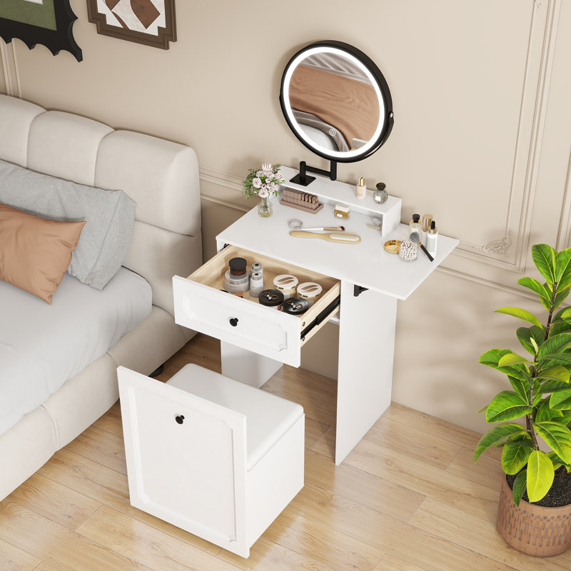 Dressing Table with Movable LED Lighted Mirror, Makeup Vanity with Storage Stool, 50CM Desktop