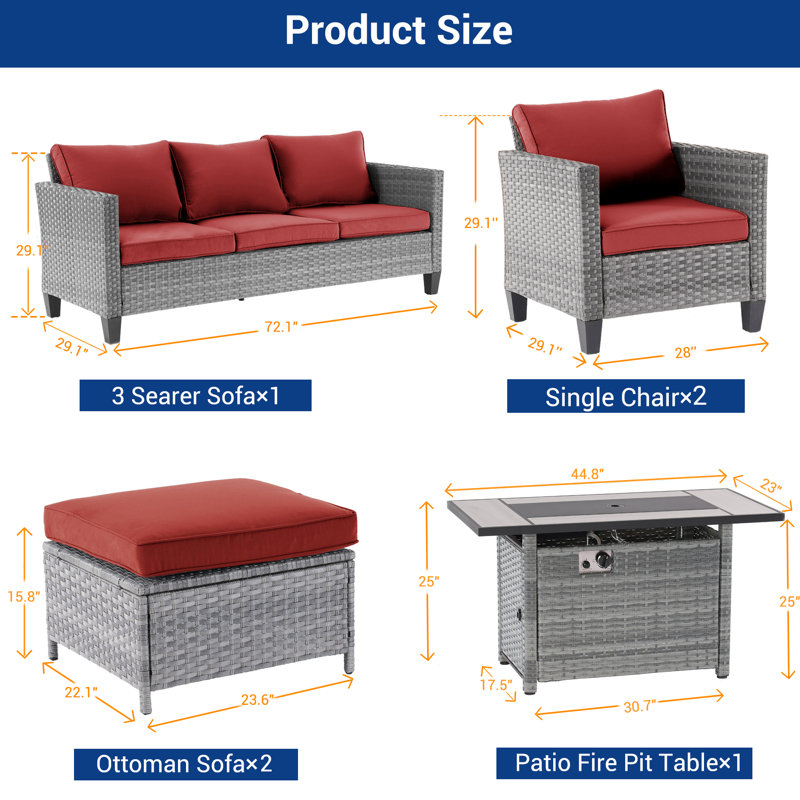 6-Pieces Patio Sofa Sets with 45'' Fire Pit Table, PE Rattan Wicker for Patio , Deck and Yard, Gray, Brick Red