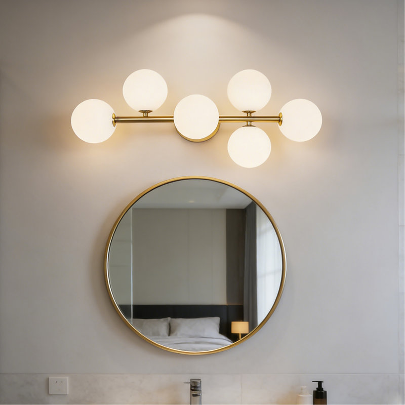 Luminaire de salle de bain 5 lumières, luminaire de salle de bain moderne Mid-Century doré, applique murale semi-encastrée à DEL à intensité variable 3CCT avec verre de lait pour salle à manger de cuisine, doré