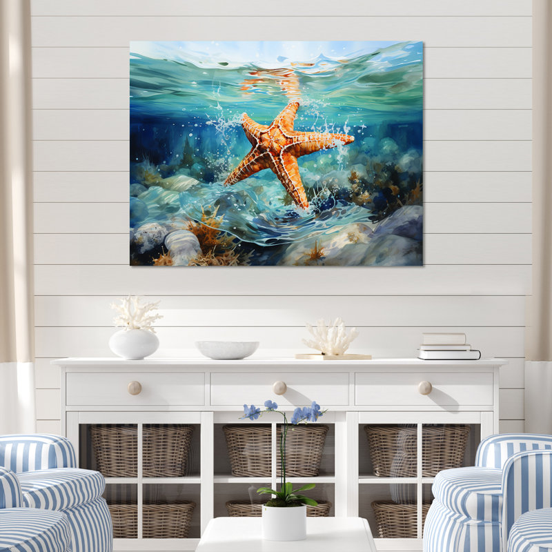 «Orange Oasis Watercolor Starfish» - Étoile de mer, art mural, Cadre flottant noir, H 12 po x l 20 po x P 1 po