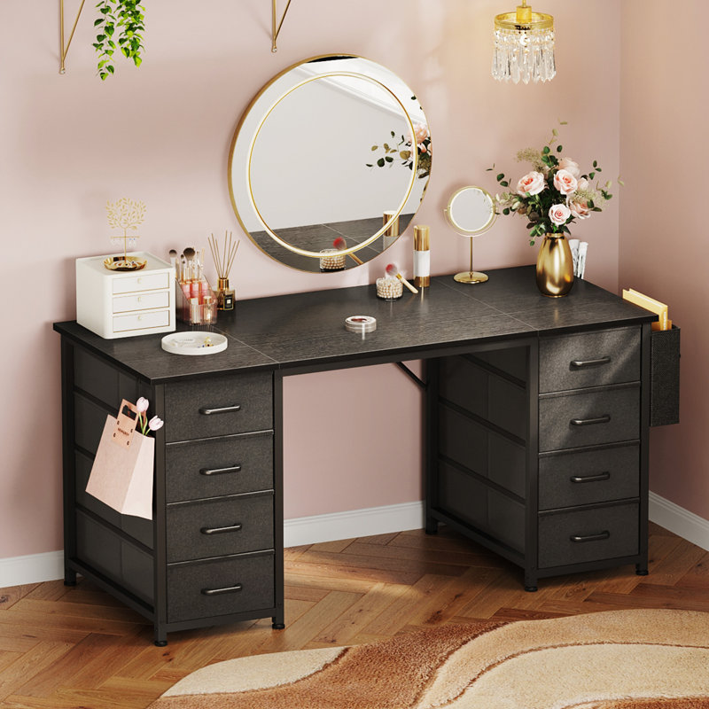  Home Office Desk With 8 Spacious Fabric Drawers, Modern Writing Desk With Sturdy Design, Corner Desk With Reversible Structure