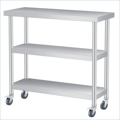 Table en acier inoxydable, table de préparation en métal à 3 niveaux avec tablette et gants, poste de travail utilitaire pour restaurant, hôtel, buanderie, garage, intérieur, extérieur, barbecue