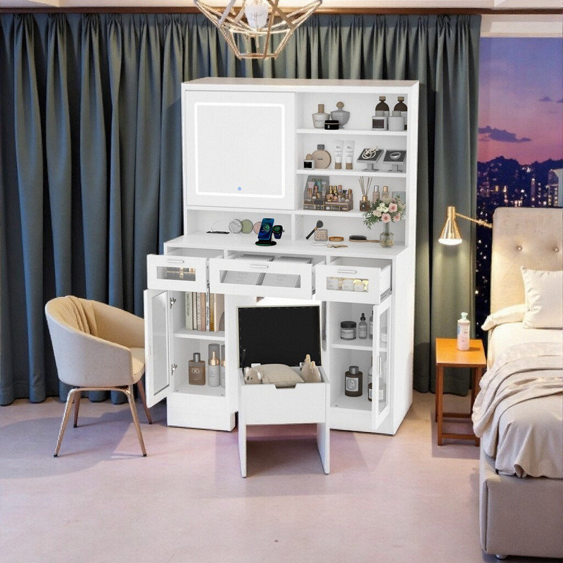 Coiffeuse moderne 41 po avec miroir coulissant, coiffeuse avec éclairage RVB et station de charge