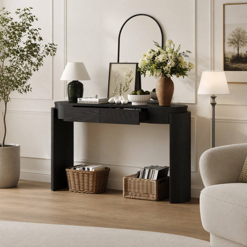 Table d'entrée avec finition grain de bois naturel, console avec design cannelé, plateau ovale et 2 tiroirs pour un décor moderne et classique (noir)