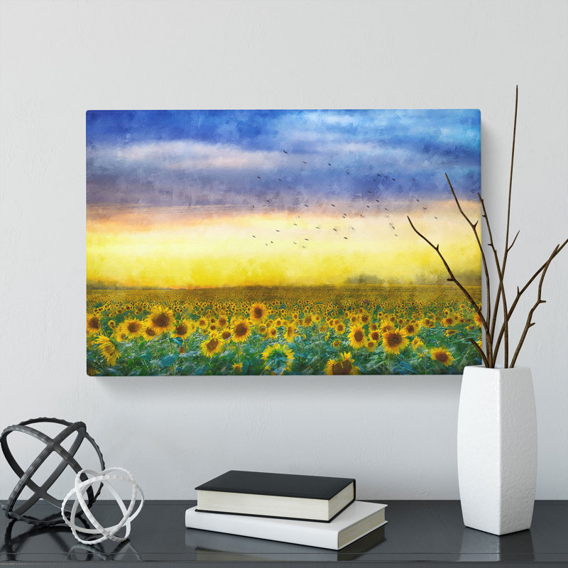 Flock Of Birds Above Sunflowers Painting - Wrapped Canvas Graphic Art, 50cm H x 76cm W x 3cm D