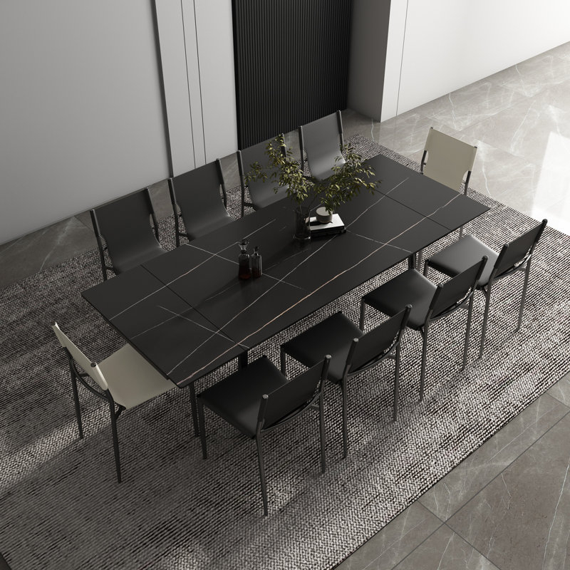 Goras Extendable Stone Top Metal Base Dining Table, Black