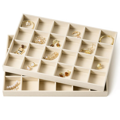 Drawer Jewelry Organizer & Display Trays: 2Pcs 24Grid Velvet Stackable Jewelry Case (13.8X9.4X1.2Inch) - Soft Beige Ring Storage Bracelet Holder Earring Box