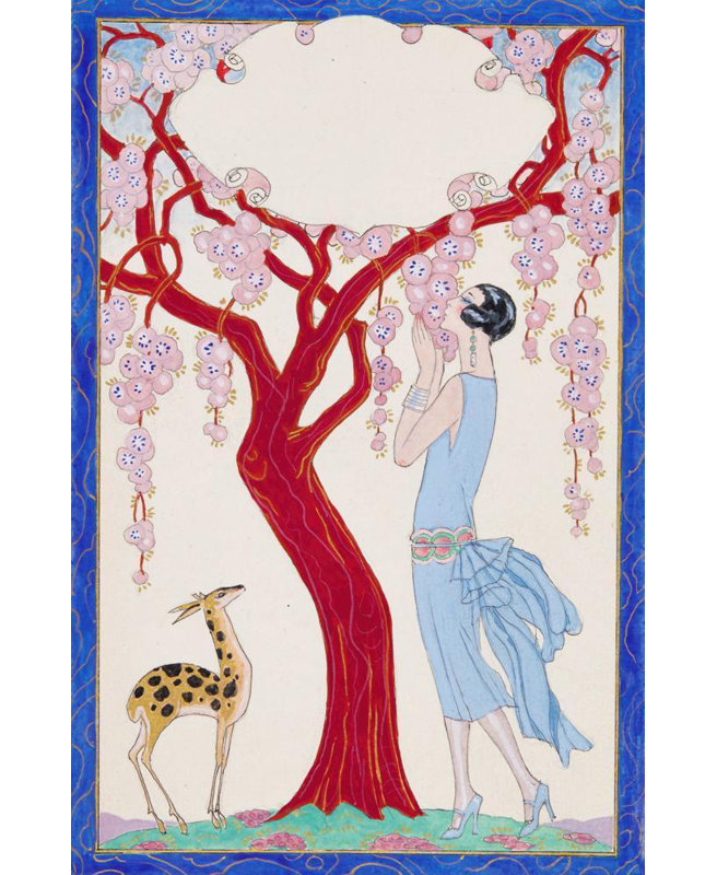 "Femme, fauve et arbre rouge" par George Barbier - Art mural sur toile tendue avec châssis, H 18 po x l 14 po