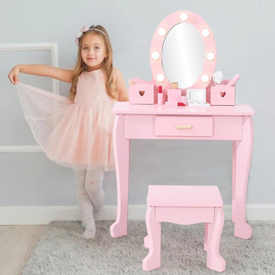 Kids Vanity Set with Mirror & Light, Makeup Table and Stool, Wooden Play Vanity with Accessories by Harriet Bee