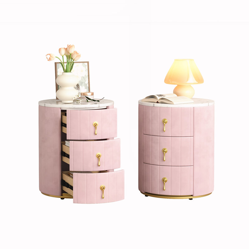 Ensemble de 2 tables de chevet rembourrées avec 3 tiroirs, Rose, Set of 2