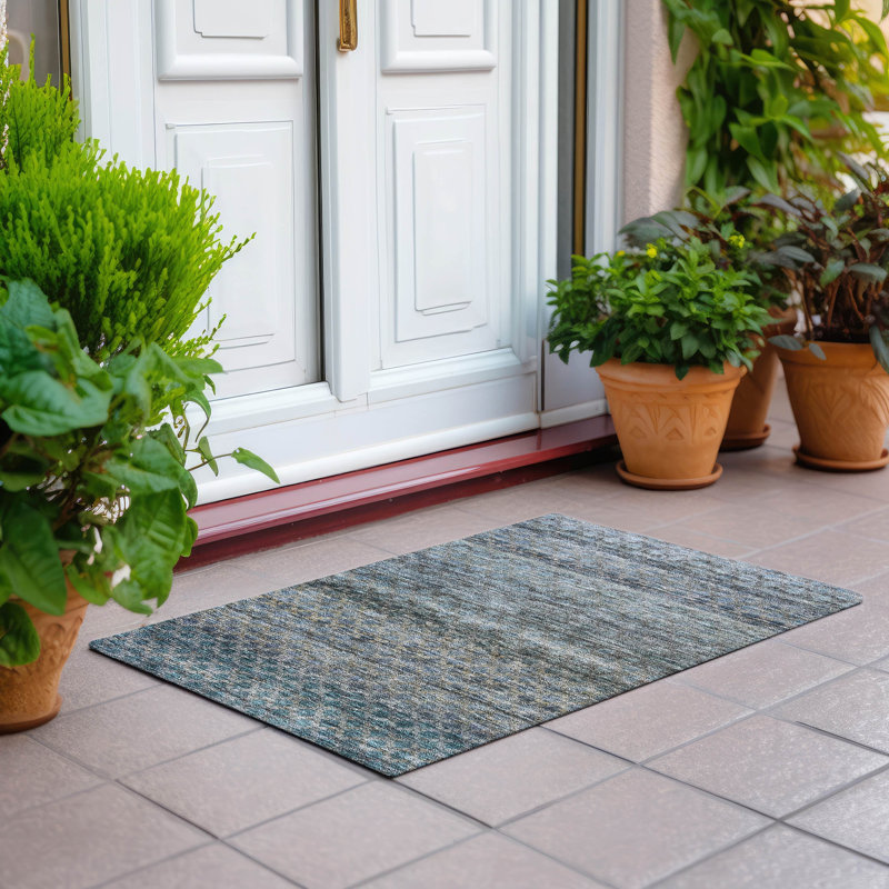 Tapis rayé intérieur / extérieur lavable à la machine ACN1168, Bleu, 1 pi 8 po x 2 pi 6 po
