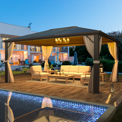 EROMMY 10x12 FT Hardtop Gazebo, Polycarbonate Roof Patio Gazebo with Aluminum Frame, Double-Track Privacy & Mesh Curtains, Heavy-Duty Outdoor Pavilion for Backyard Deck Garden