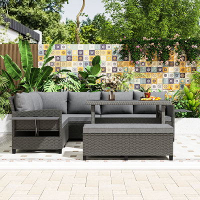 5Pcs Outdoor PE Wicker Sofa Set, Sectional L-Shape Sofa, Dining Table, Washable Cushions and Bench
