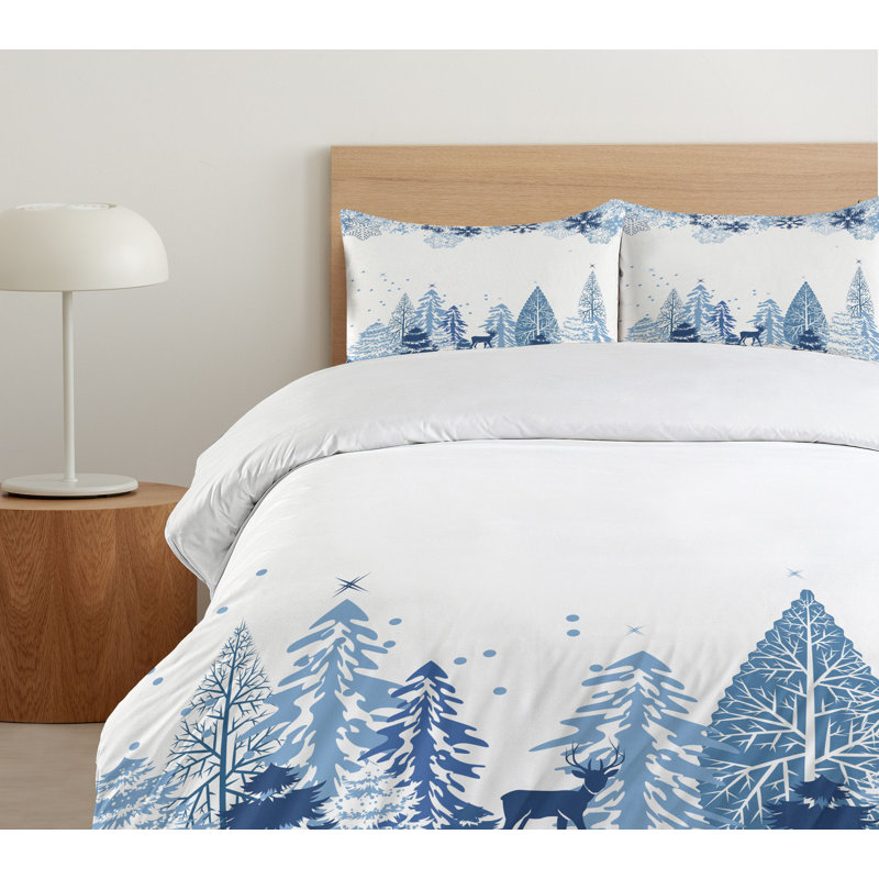 Queen Blue White Winter Scene Microfiber Duvet Cover Set