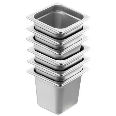 Steam Table Pan 1/6 Size 6-Inch Deep 0.8mm Stainless Steel 6-Pack Anti-Jam Hotel Pan Silver