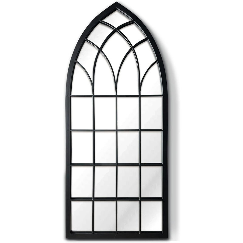 Arched Windowpane Wall Mirror, Distressed White, Farmhouse Decorative Accent Mirro, Black, 35.4" x 25.6"