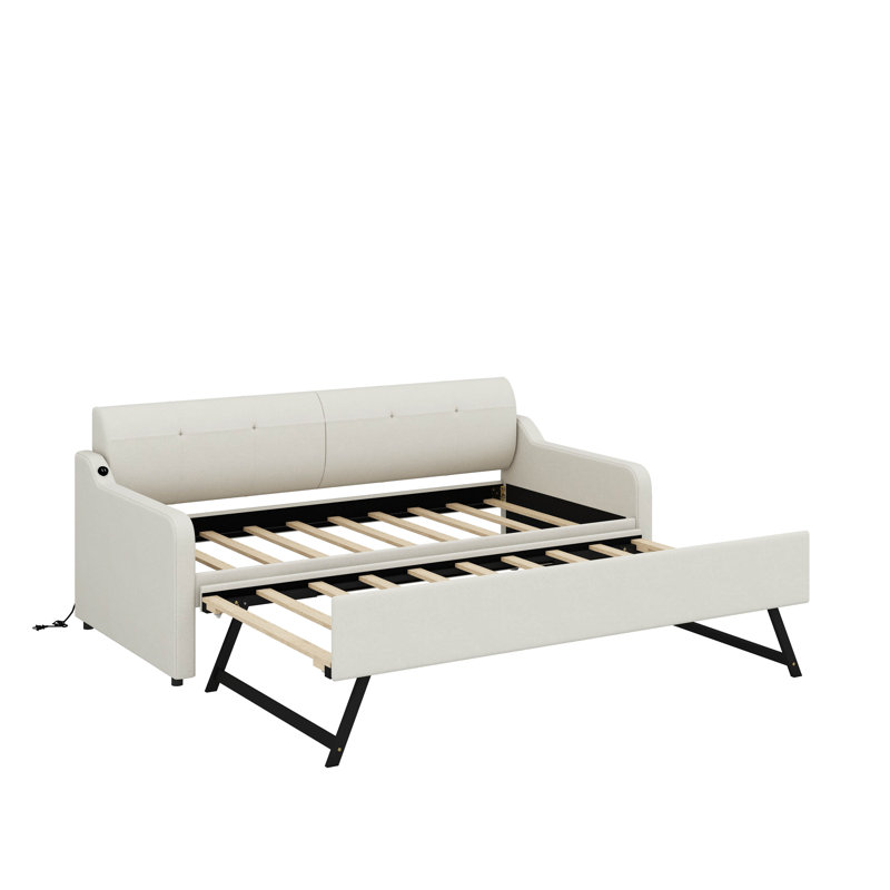 Lit de jour simple rembourré avec conception de chargement USB et lit gigogne, Beige