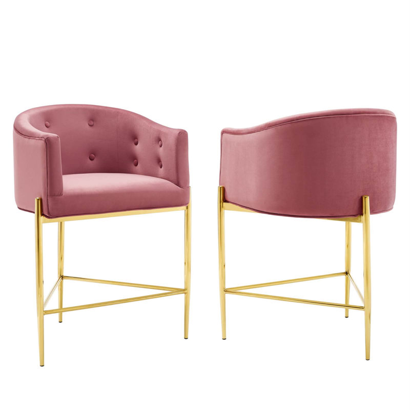 Tabouret de comptoir performance en velours capitonné Savour, Vieux rose, Tabouret de bar (siège d'une hauteur de 29 po)
