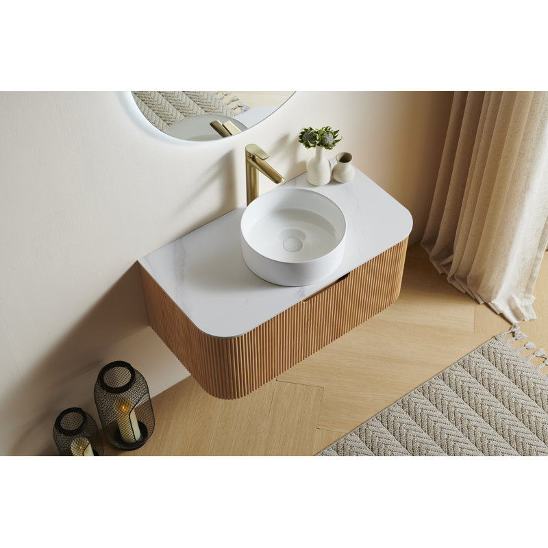 Dina 36" Striped Solid WoodBathroom Vanity With Sink, Modern Wall-mounted Floating Curved Edges Striped Bathroom Storage Cabinet With A Drawer, White Round Ceramic Basin Without Faucet, Pre-assembled，natural wood grain