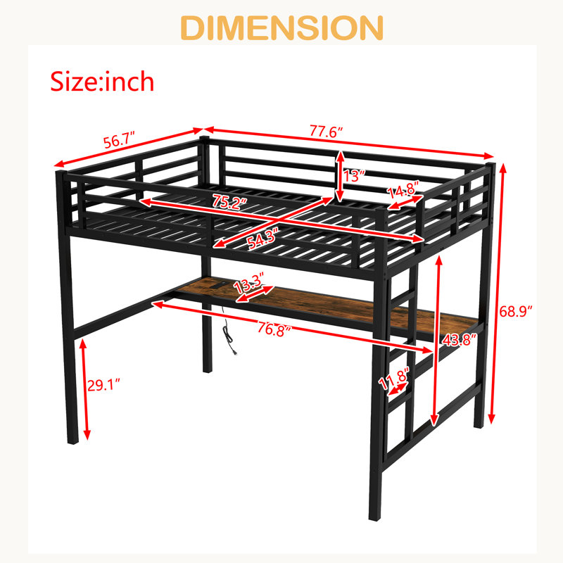 Metal Full Size Loft Bed With Power Outlet And LED Lighted, Space-Saving, Noise Reduced, Full
