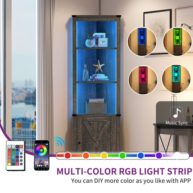 Aspenn 67" H Corner Bookcase with LED Light, Corner Storage Cabinet with Adjustable Shelf, Retro Wood