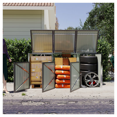 Outdoor Trash Can Storage Shed, Garbage Bin Enclosure with Pneumatic Support Rod, Lockable Doors & Waterproof Lid Chain - Stores 3 Trash Cans for Patio, Garden, Backyard - Light Gray Metal Garbage Storage Cabinet