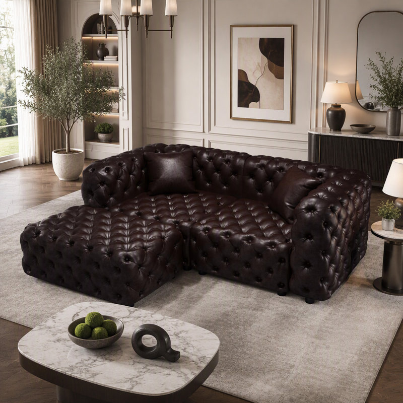 Ensemble de canapé moderne 77 po 77 po, canapé modulaire rembourré en similicuir 2 places avec conception touffetée à la main pure, 1 repose-pieds et 2 coussins, combinaison multiple pour le salon, brun foncé