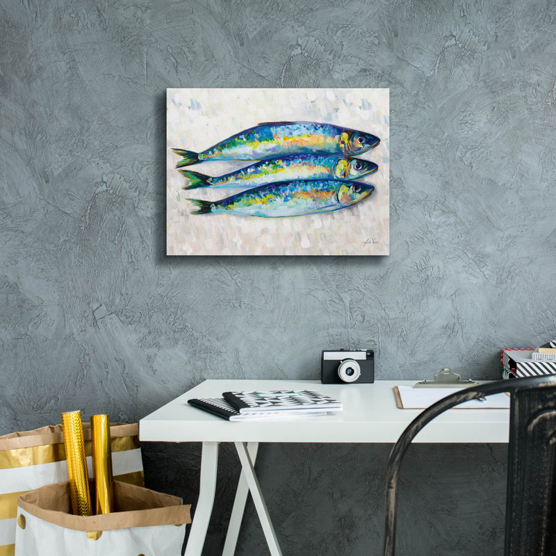 «Fish Trio» par Jeanette Vertentes, art mural sur toile, H 12 po x l 16 po x P 0,75 po